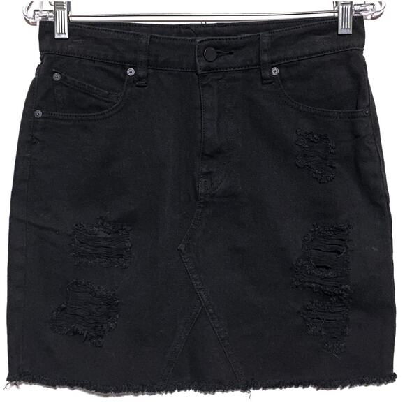 Volcom Black Jean Denim Mini Skirt S 4/6 High Rise Distressed Frayed Hem Grunge - Picture 1 of 11